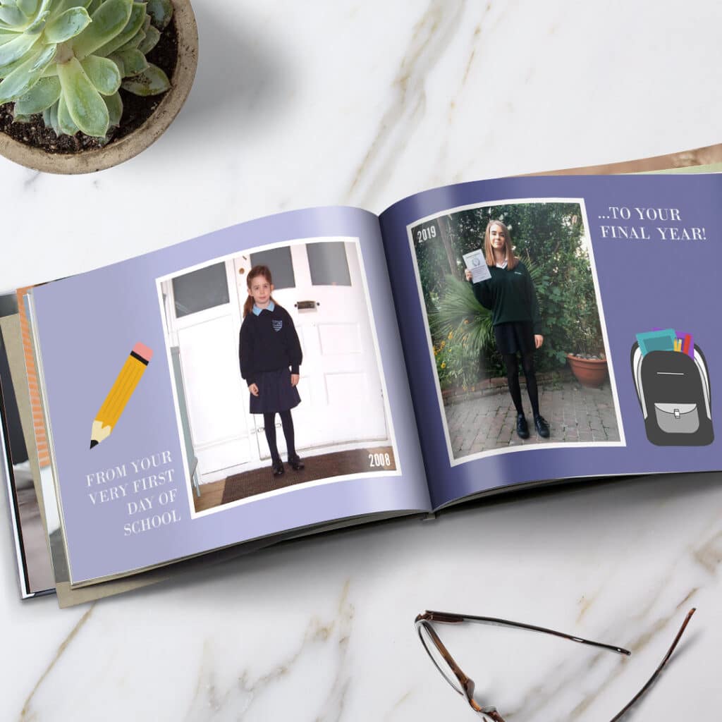 Place older school photos next to the latest school photos of your child for a priceless photo book.