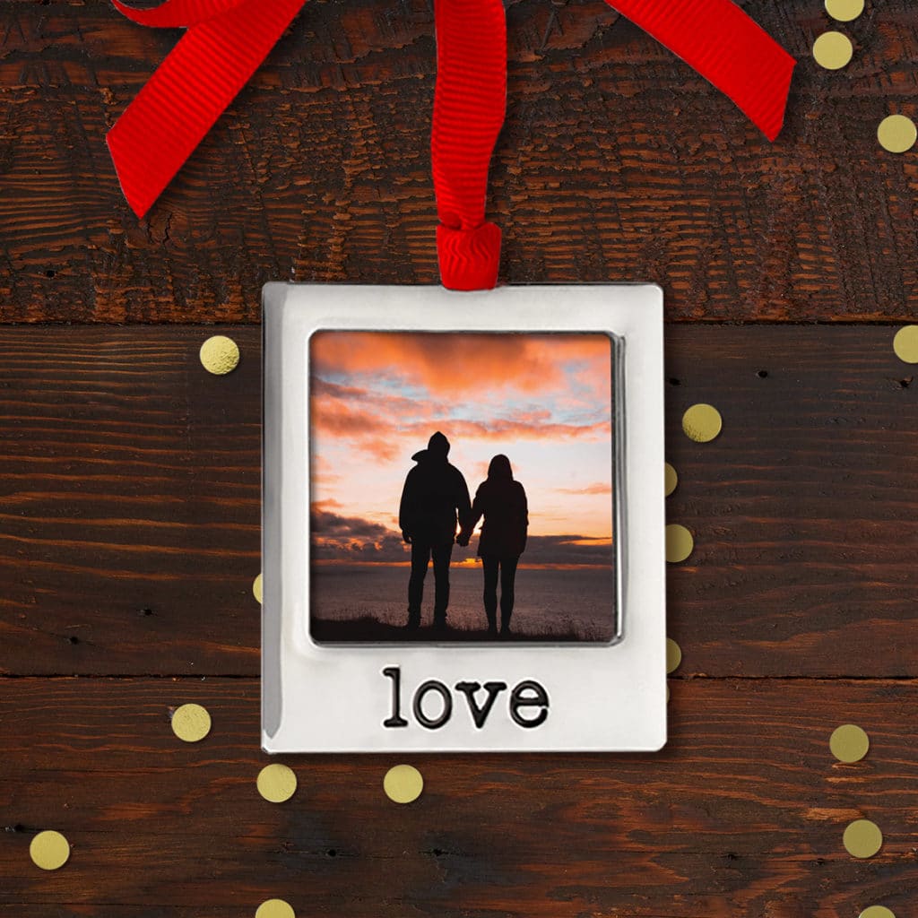 Silver Plate Photo Ornament showing couple at sunset