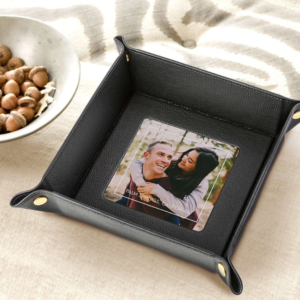 Leather valet tray featuring photo of couple