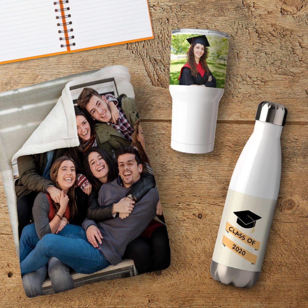 Give your High School Grad custom water bottles & personalized blankets printed with friendship memories