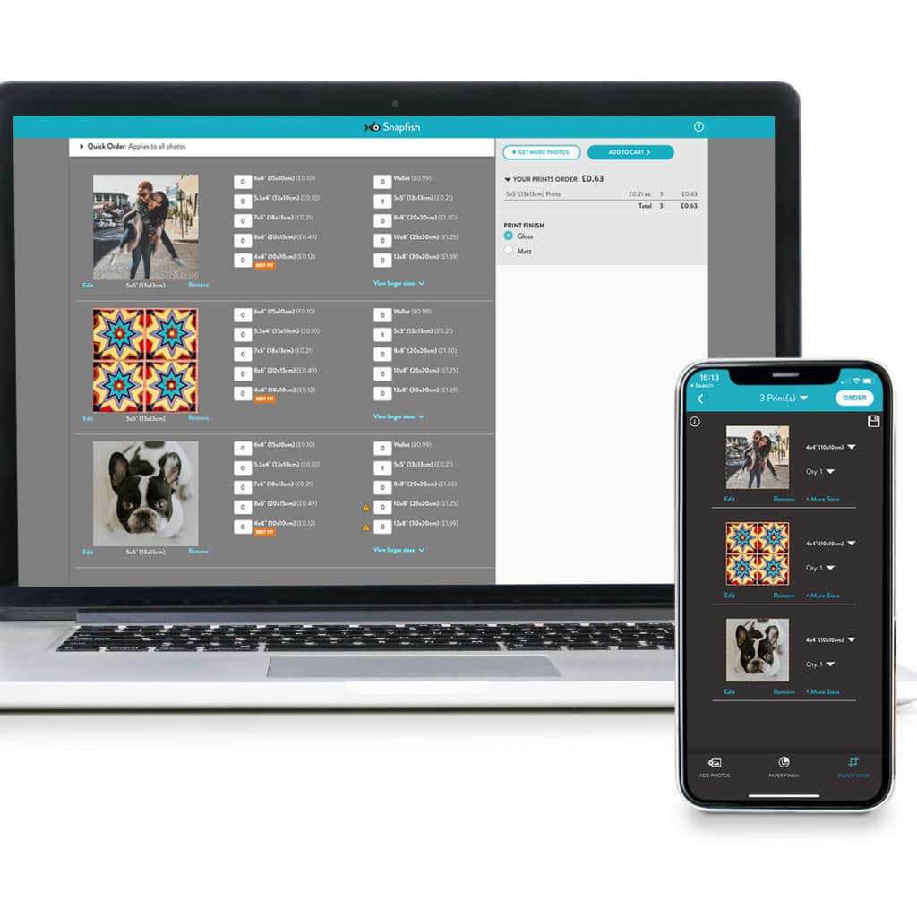 Snapfish website prints order page on laptop and phone