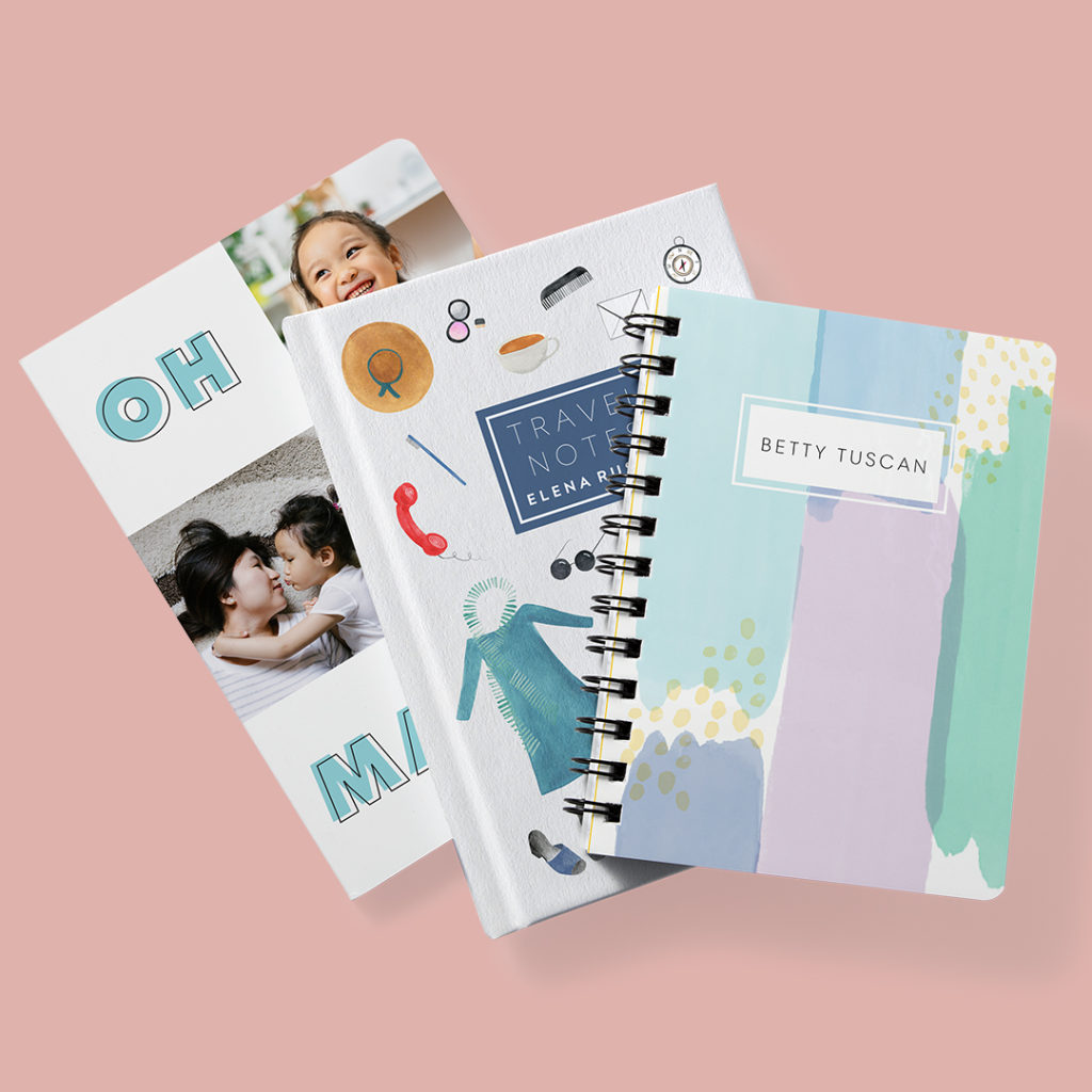 L-R - Softcover Journal "Oh Mama" | Hardcover Journal "Wanderlust" | 
Spiral Bound Notebook, 5x7 "Pastel Watercolors"