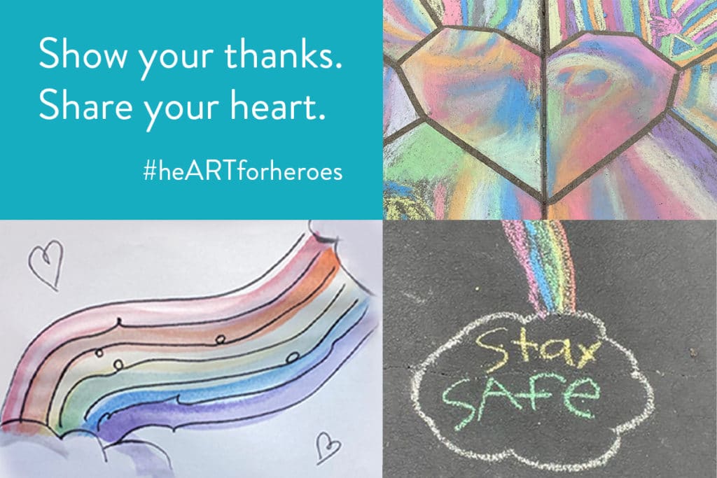 Images with rainbow, hearts, and colorful artwork to show your thanks for essential workers