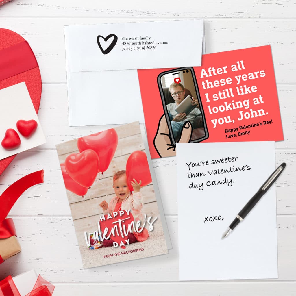 Silly and cute Valentine's Day photo cards from Snapfish featuring bright red colorful imagery