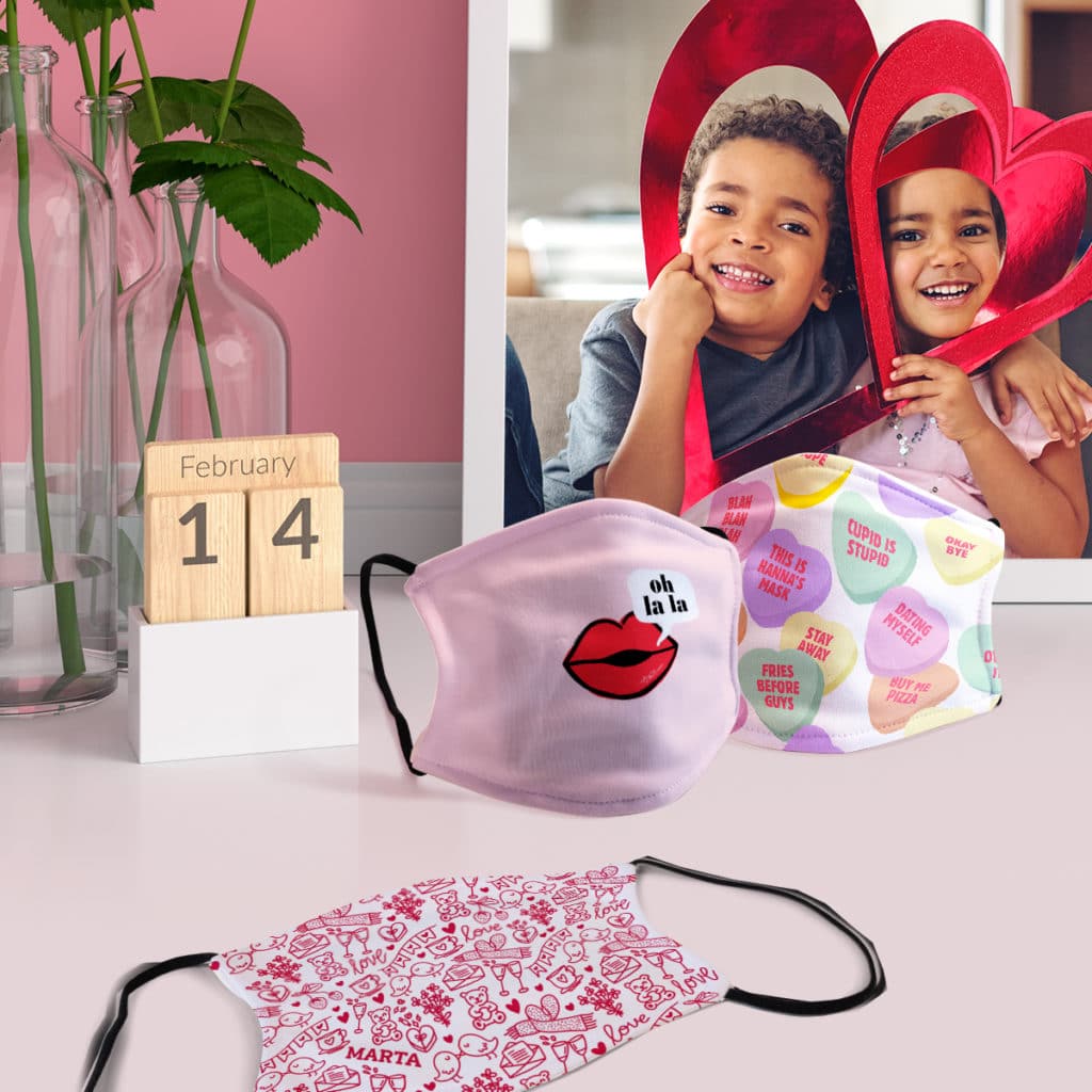 Custom face masks featuring Valentine's Day inspired designs
