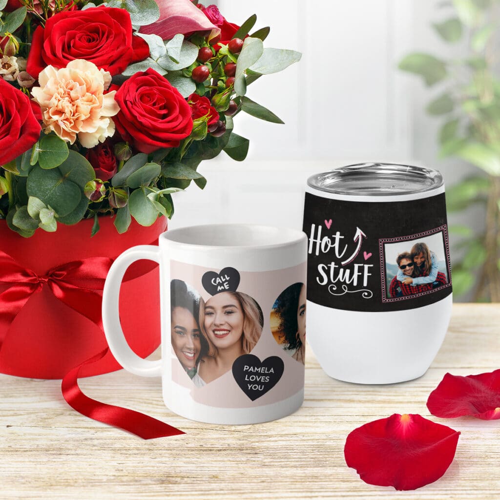 Custom drinkware, including white mugs and wine tumblers, featuring photos and Valentine's Day decorations