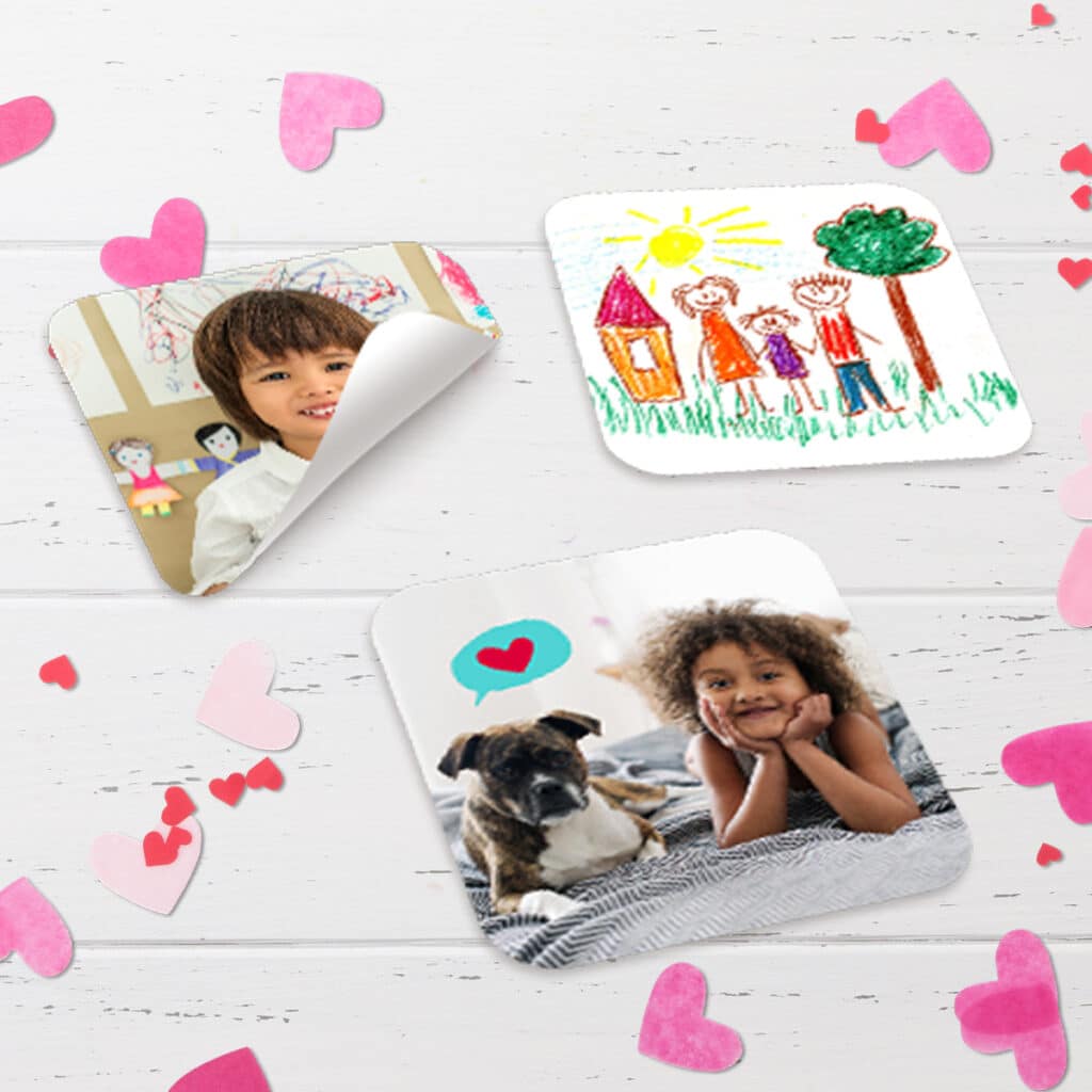 Stickers showing adorable photos with smiling faces and pets