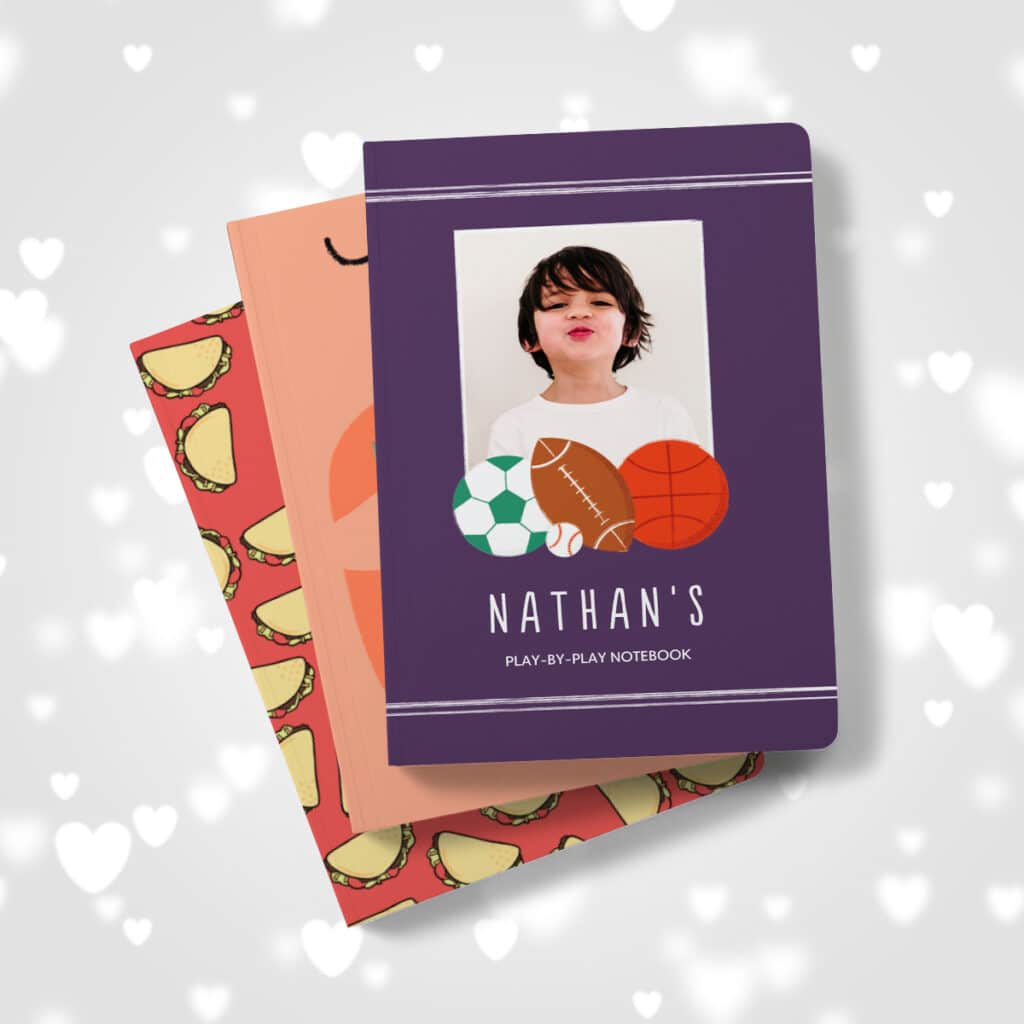 Personalized soft cover notebooks featuring kid-friendly designs
