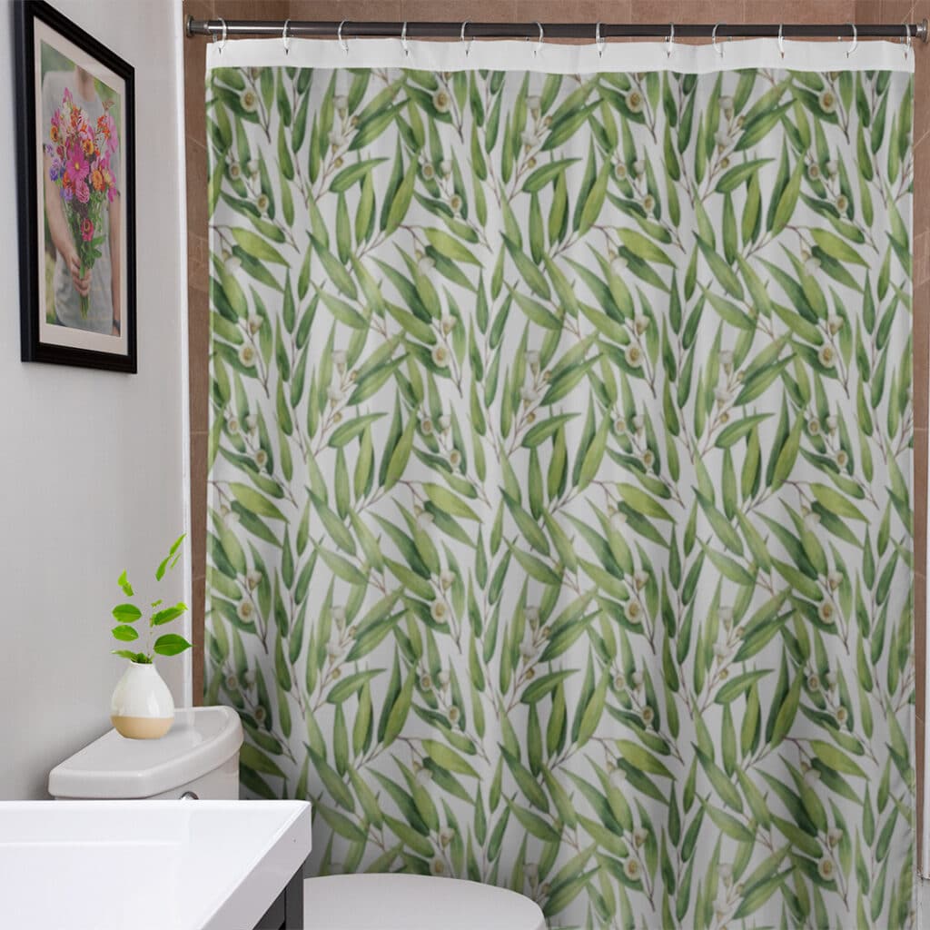 Shower curtain with eucalyptus pattern