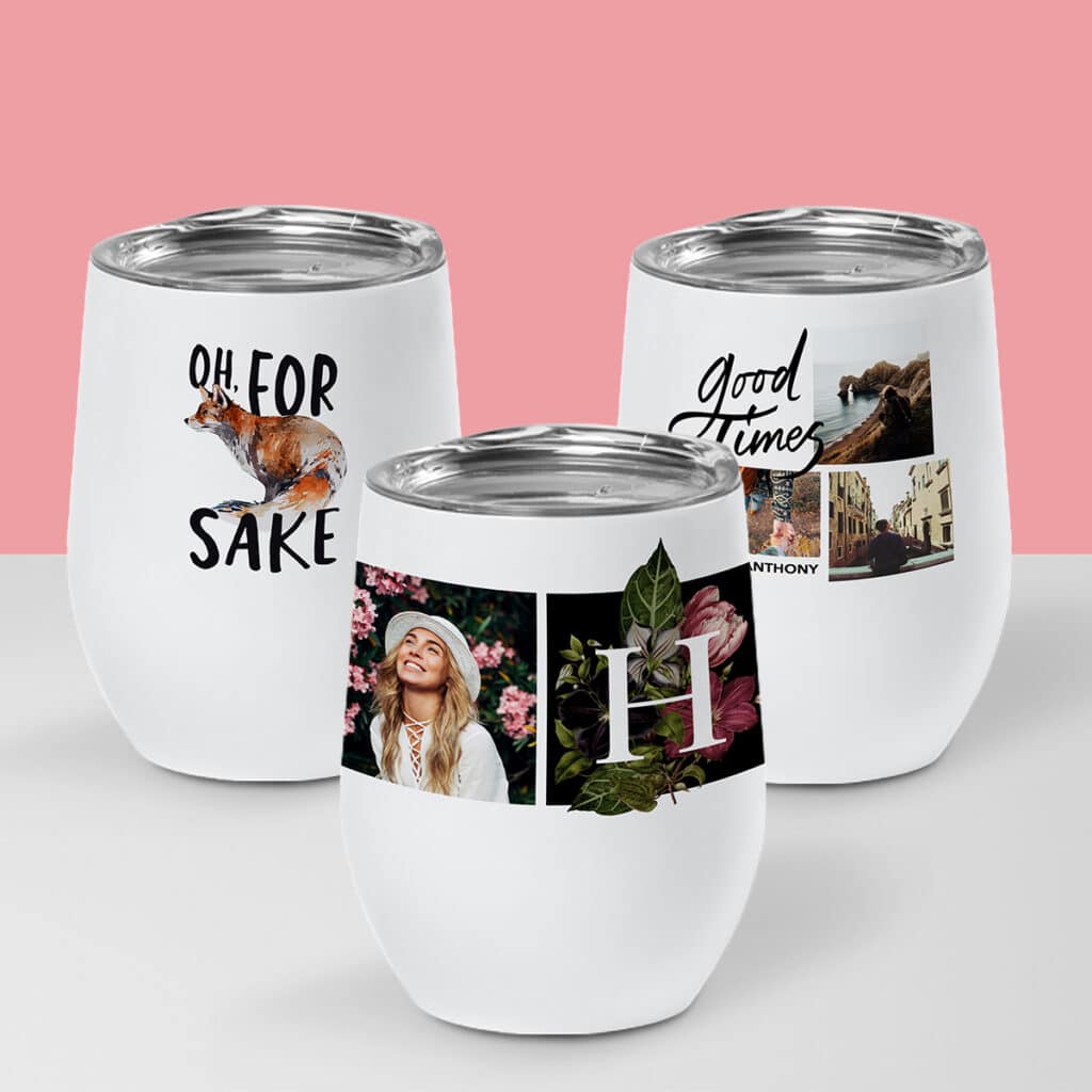 Three insulated wine tumblers featuring photos and designs