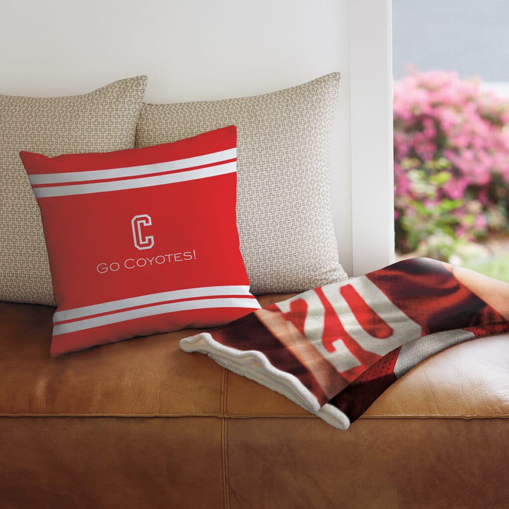 Football-inspired designs on pillow and fleece blanket