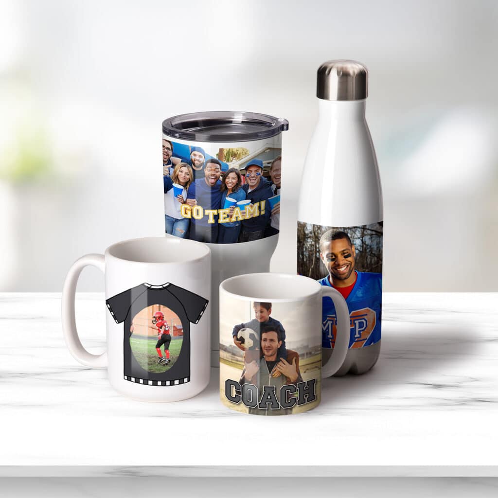 Mugs, water bottles, and insulated tumblers with football designs