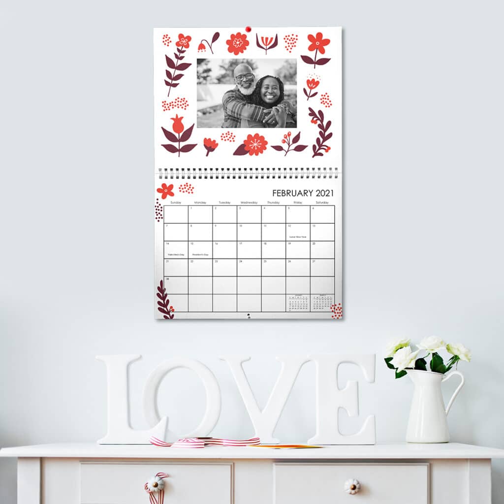 8x11 wall calendar featuring floral design and couples' photo