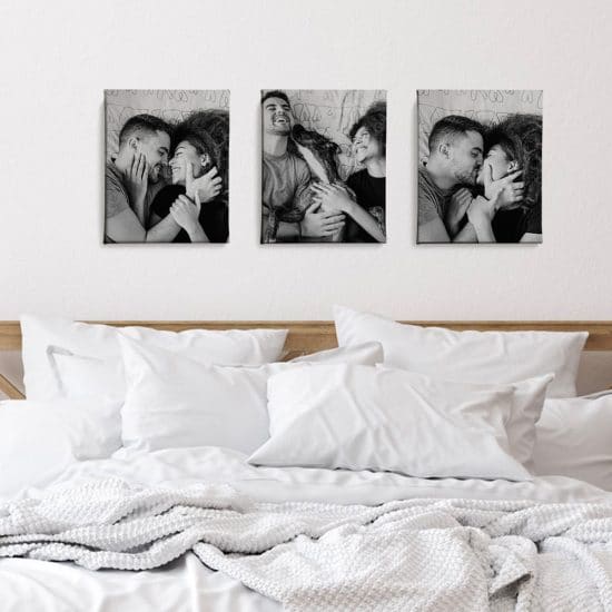 3 canvas print set of couple photos hanging over a headboard