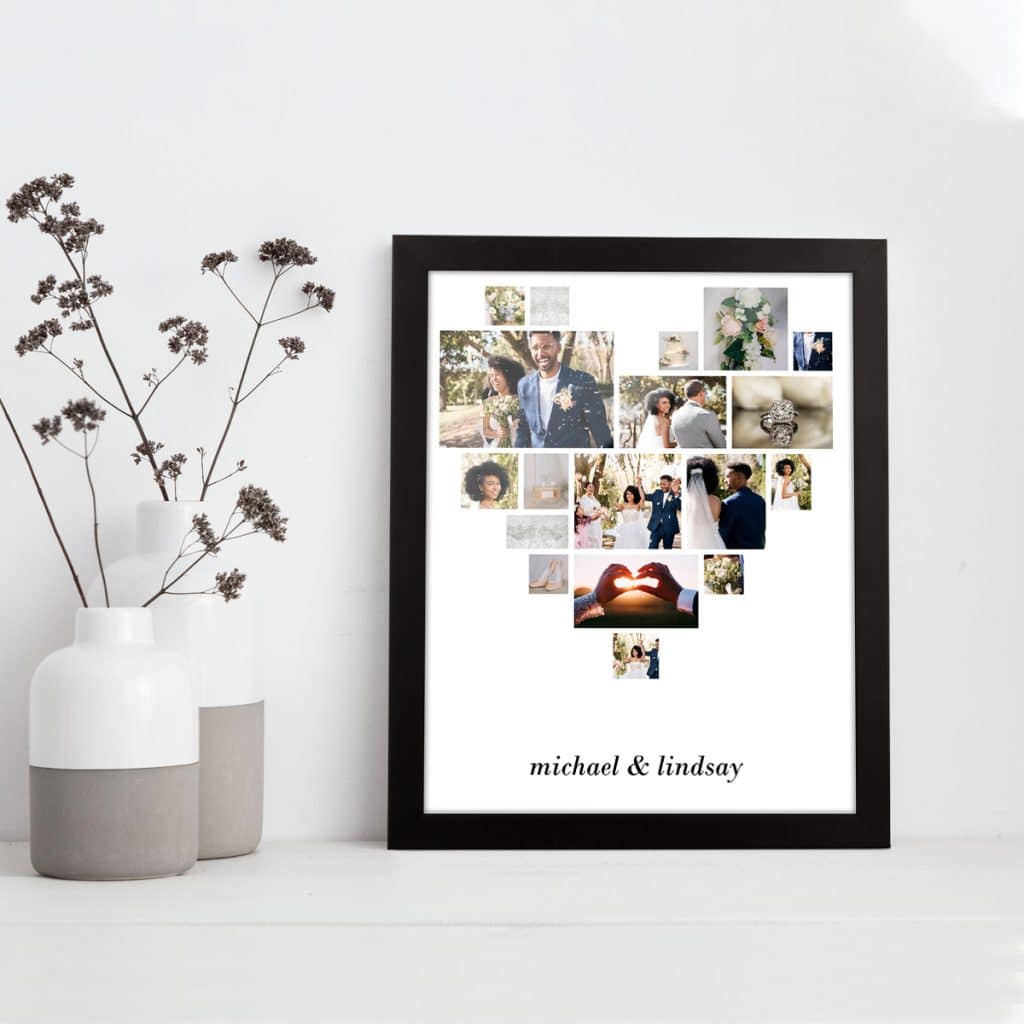 Heart-print collage showing wedding photos