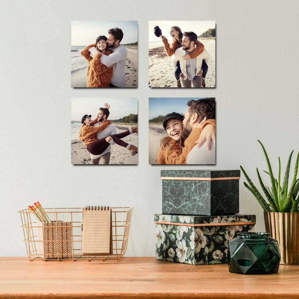 Four photo tiles showing sweet couple photos on a beach