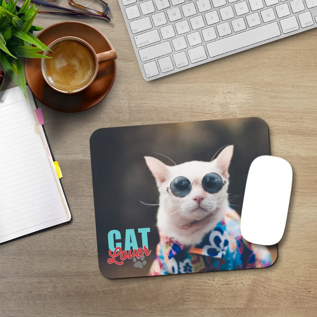 Personalized mousepad with a photo of a cat wearing sunglasses
