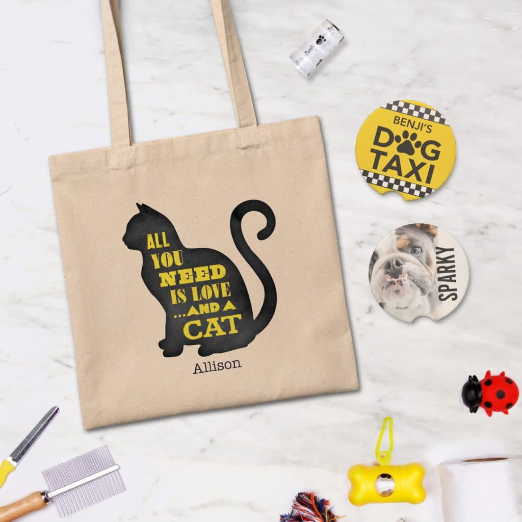 Car coasters and a tote bag showing pet-inspired designs