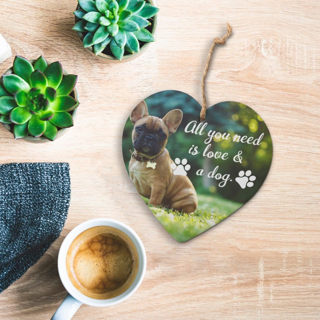 Heart-shaped trivet and mug with dog photo
