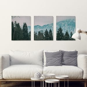 Split canvas prints of a mountain scene hanging over a white couch