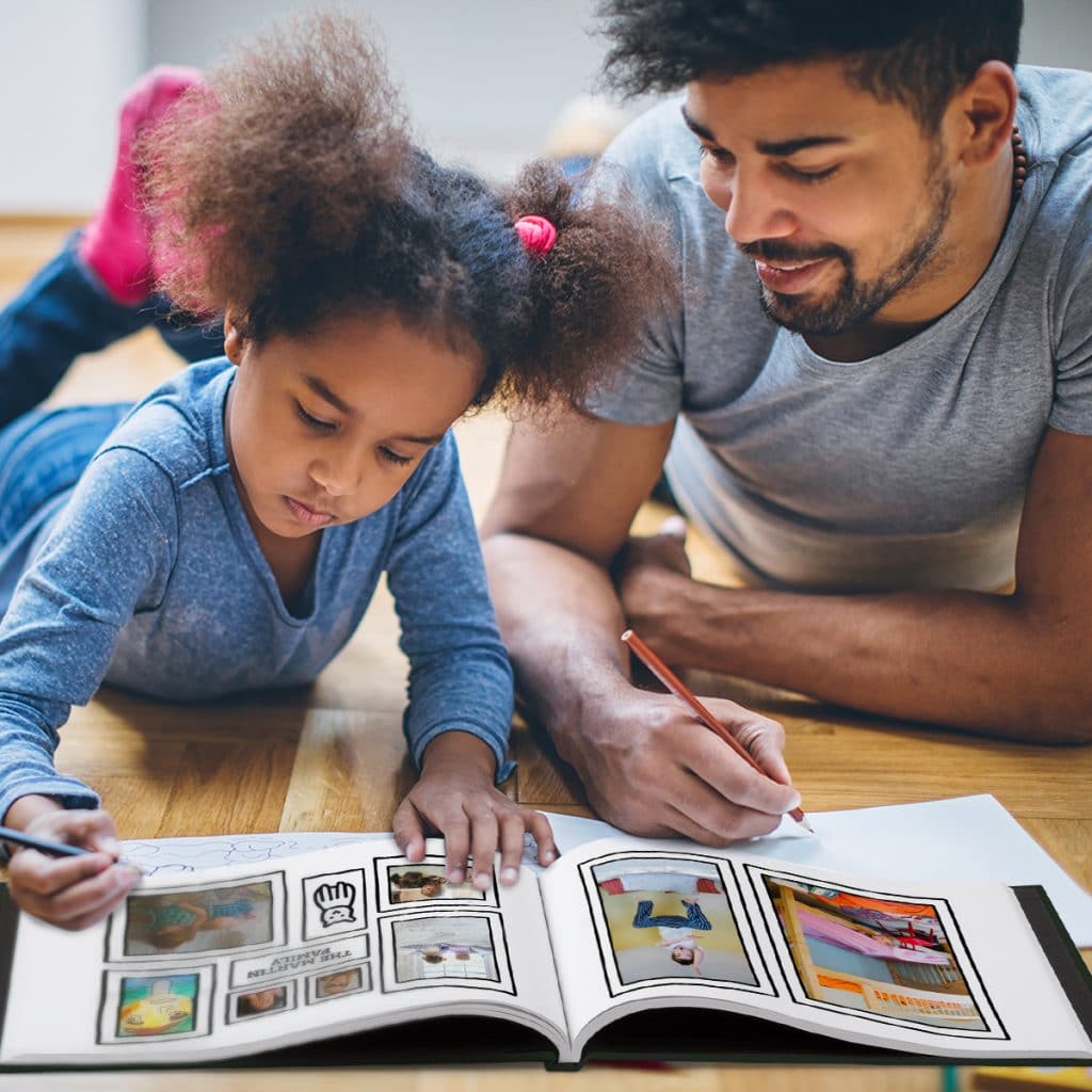 Father and daughter coloring in our Social Distancing Coloring Book photo book design