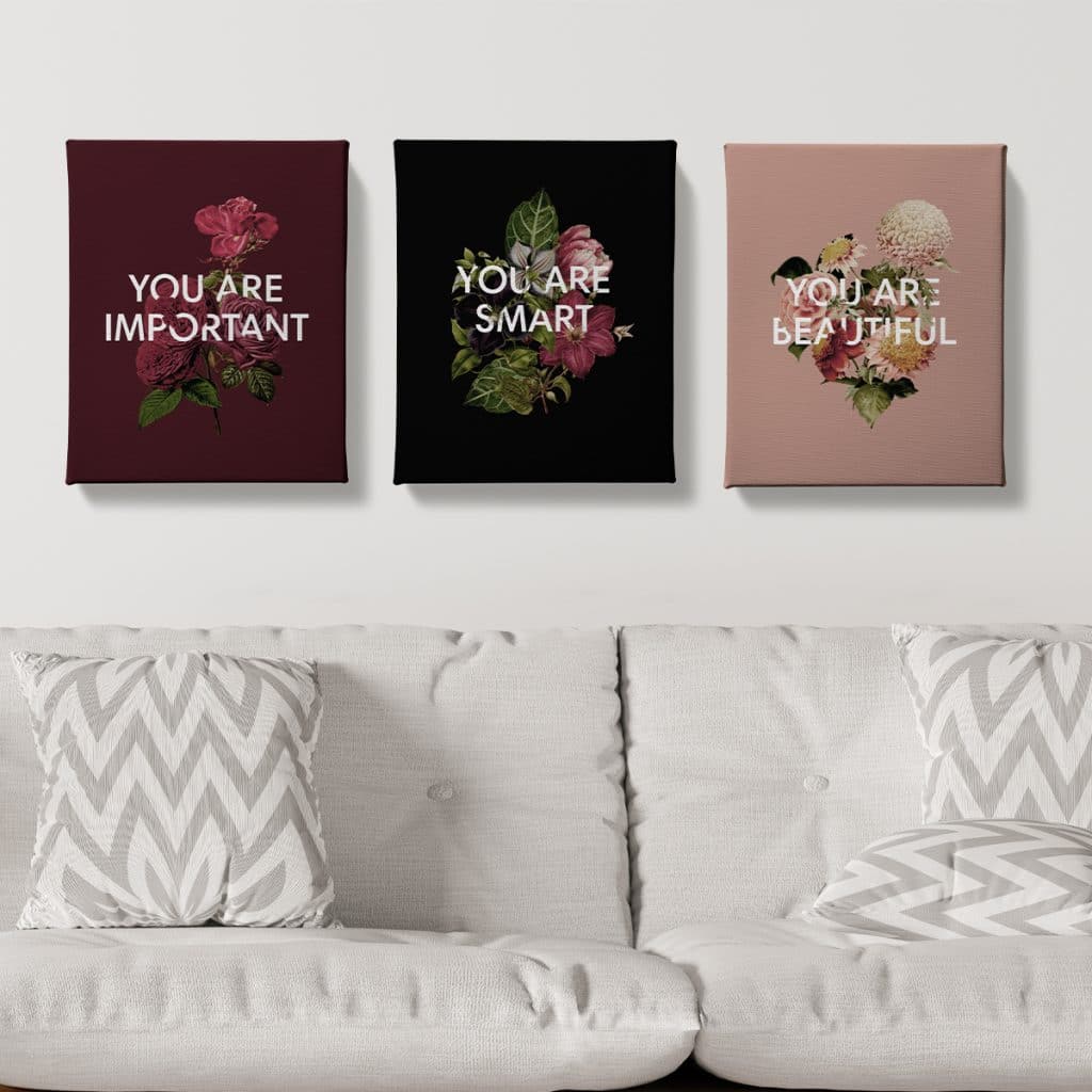 Three motivational canvas prints that read: "You are important", "You are smart", and "You are beautiful"