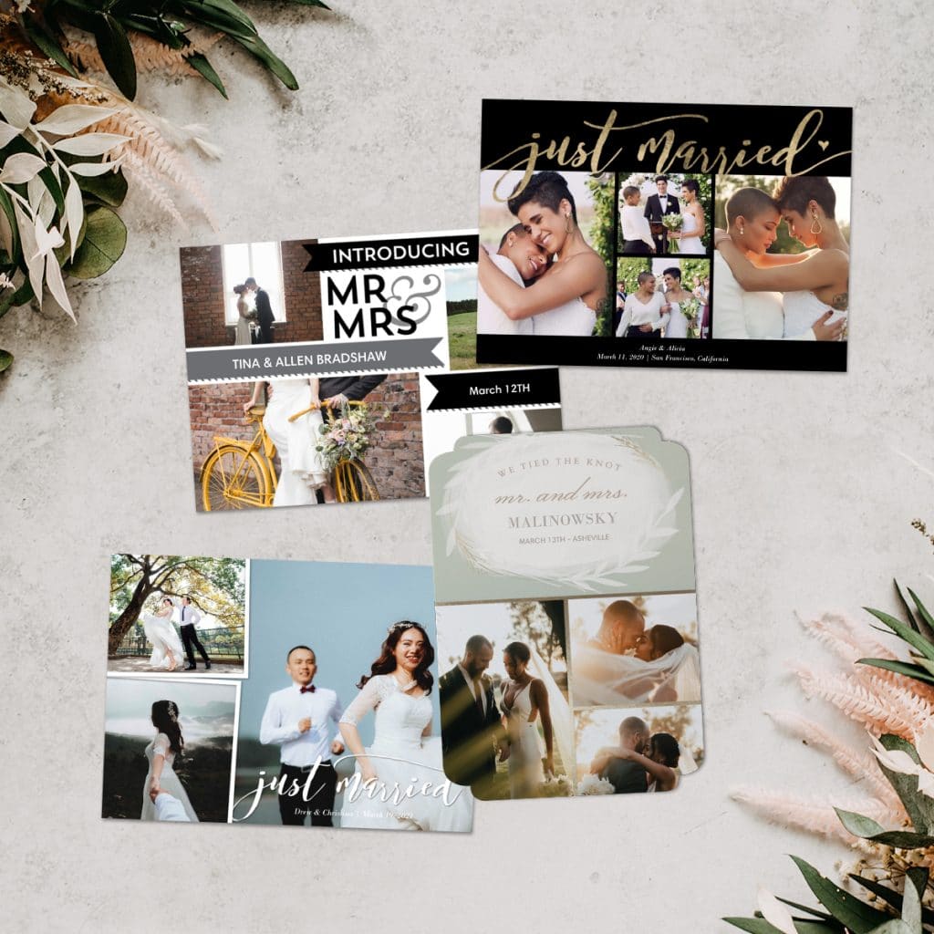 A flat lay array of wedding announcements