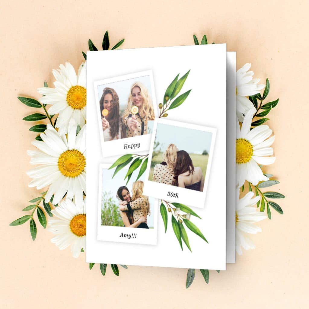 Bloom Collage birthday card featuring friendship photos, laying surrounded by flowers