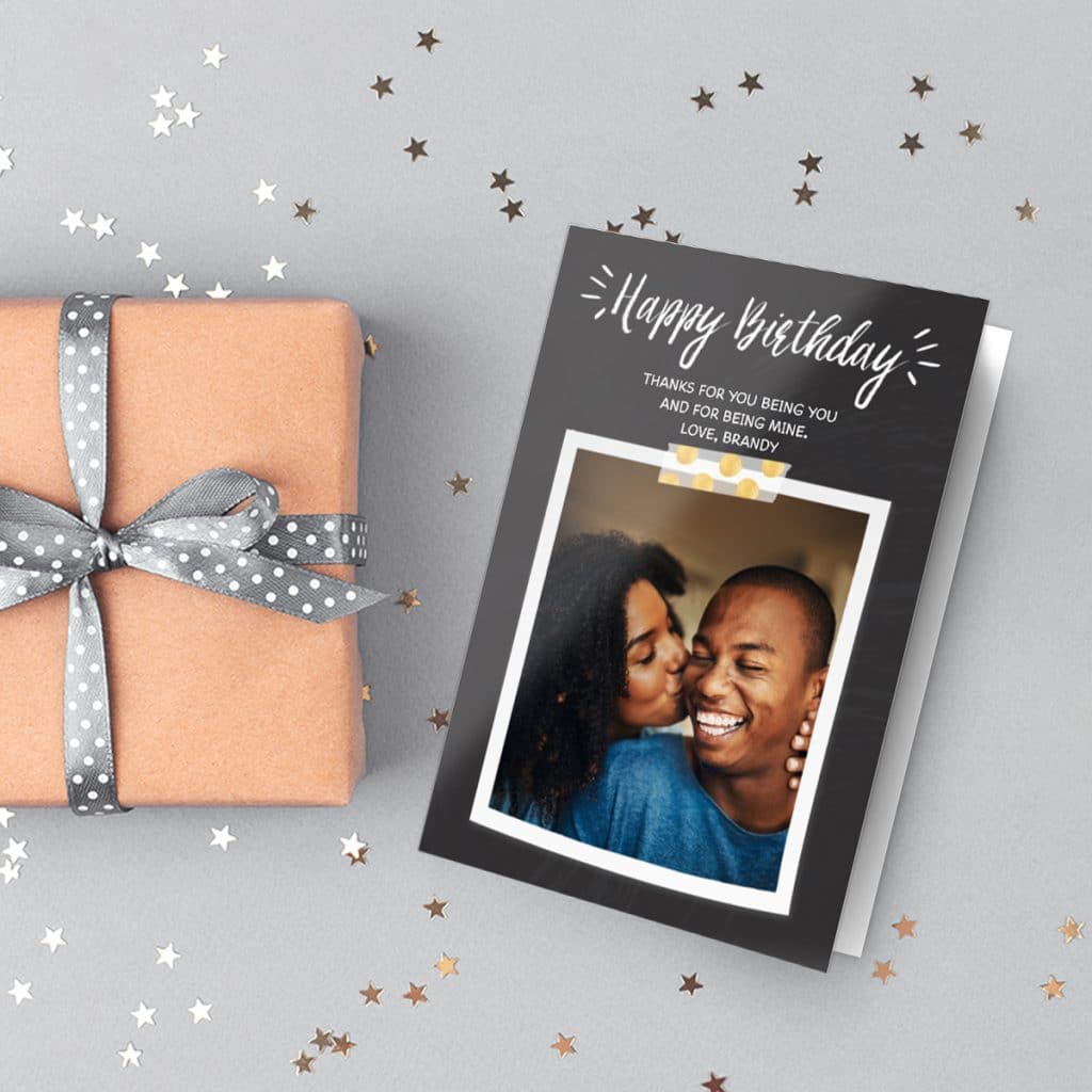 Chalk Birthday Burst design card featuring a happy couple photo