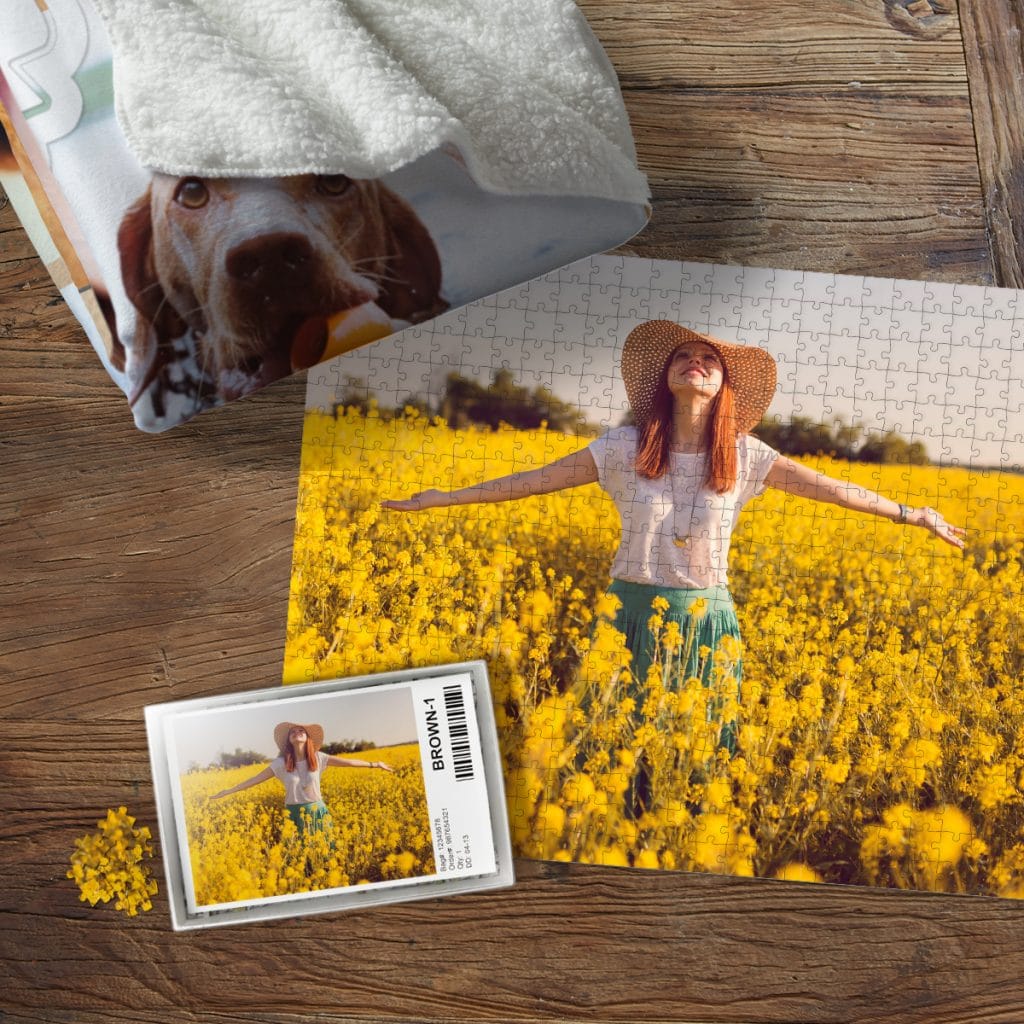 Photo puzzle featuring a woman standing in a field of yellow flowers