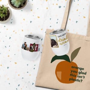 Two insulated wine cups and a canvas tote bag