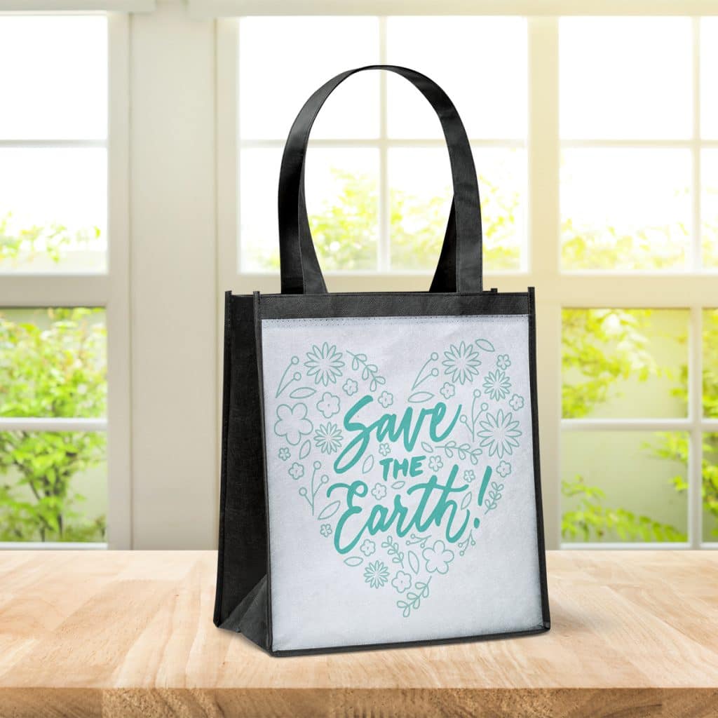 Reusable grocery tote with a heart-shaped design reading "Save the Earth!"