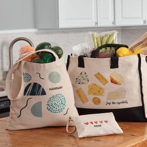 Array of canvas bags from Snapfish sitting on a kitchen counter