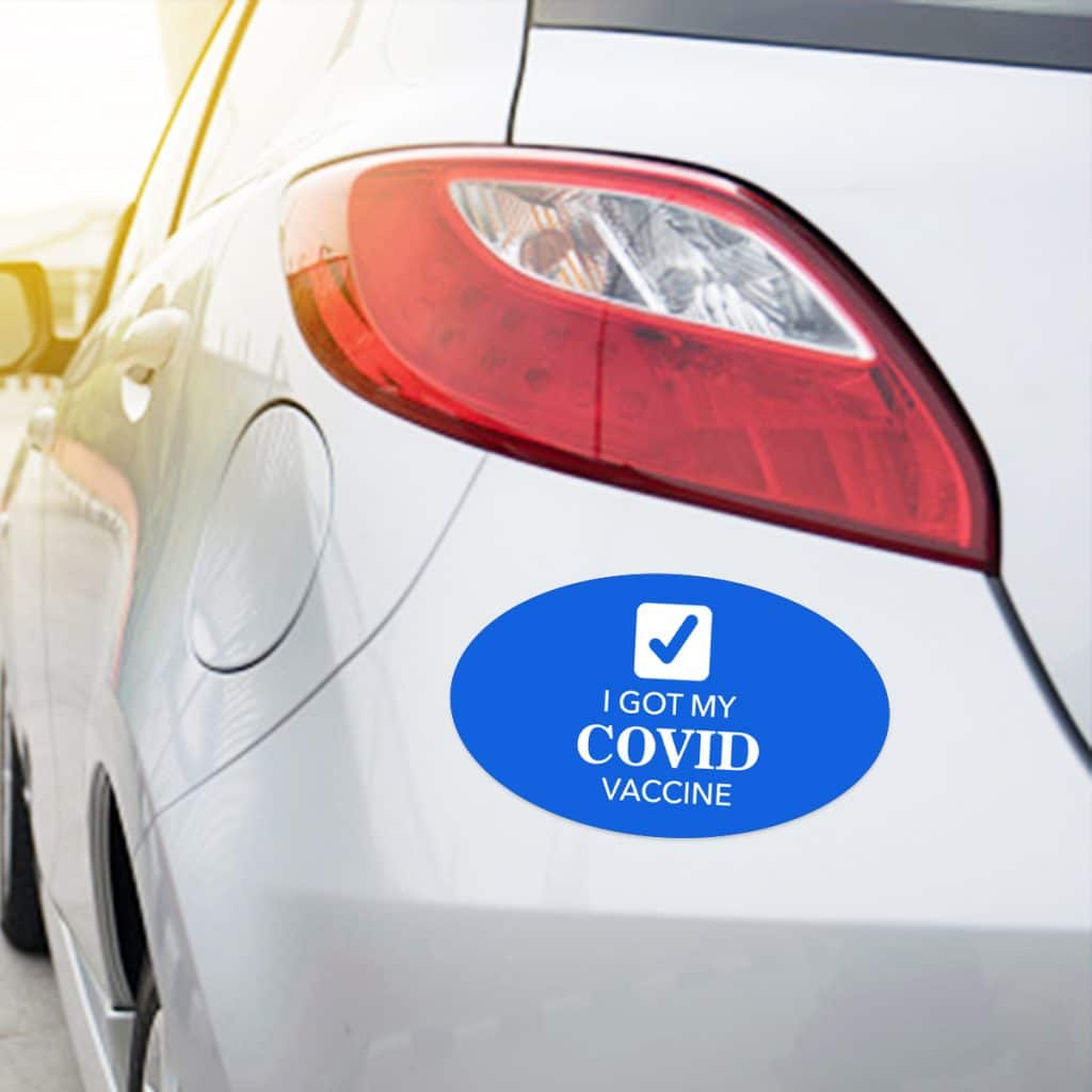 Oval-shaped car magnet that reads "I got my COVID vaccine"