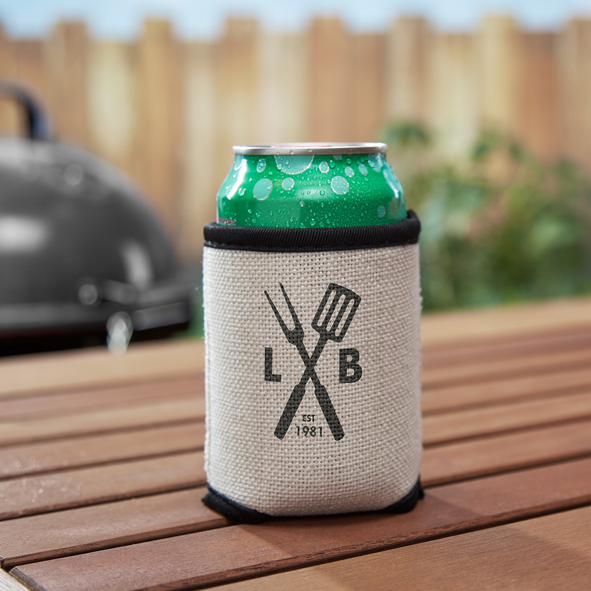 Custom can cooler sleeve with BBQ-inspired design