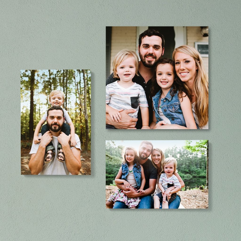 Three sizes of photo tiles featuring a series of beautiful family portraits