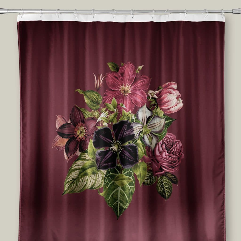 Photo of a shower curtain featuring burgundy Romantic Bouquet design.