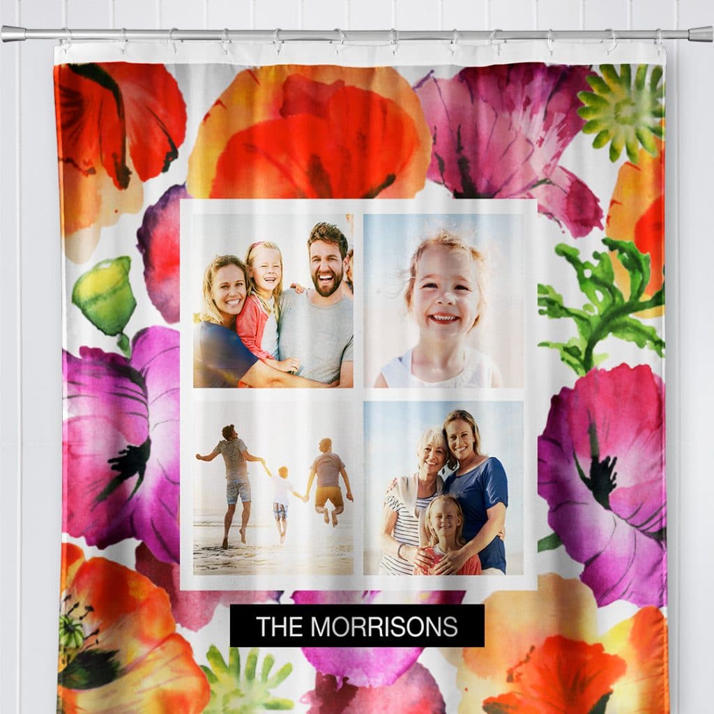 Photo of a shower curtain featuring Watercolor Floral design and "The Morrisons" plus family photos
