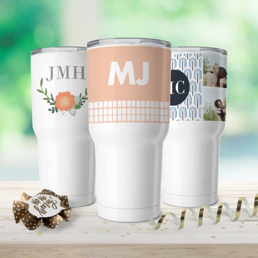Three different designs featured on insulated tumbler cups