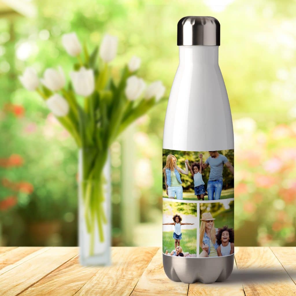 Image of white aluminum water bottle featuring family photo collage