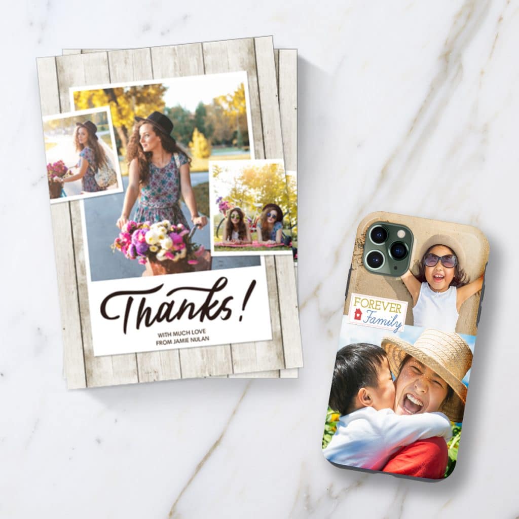 An image of thank you cards and a phone case all featuring photo collages