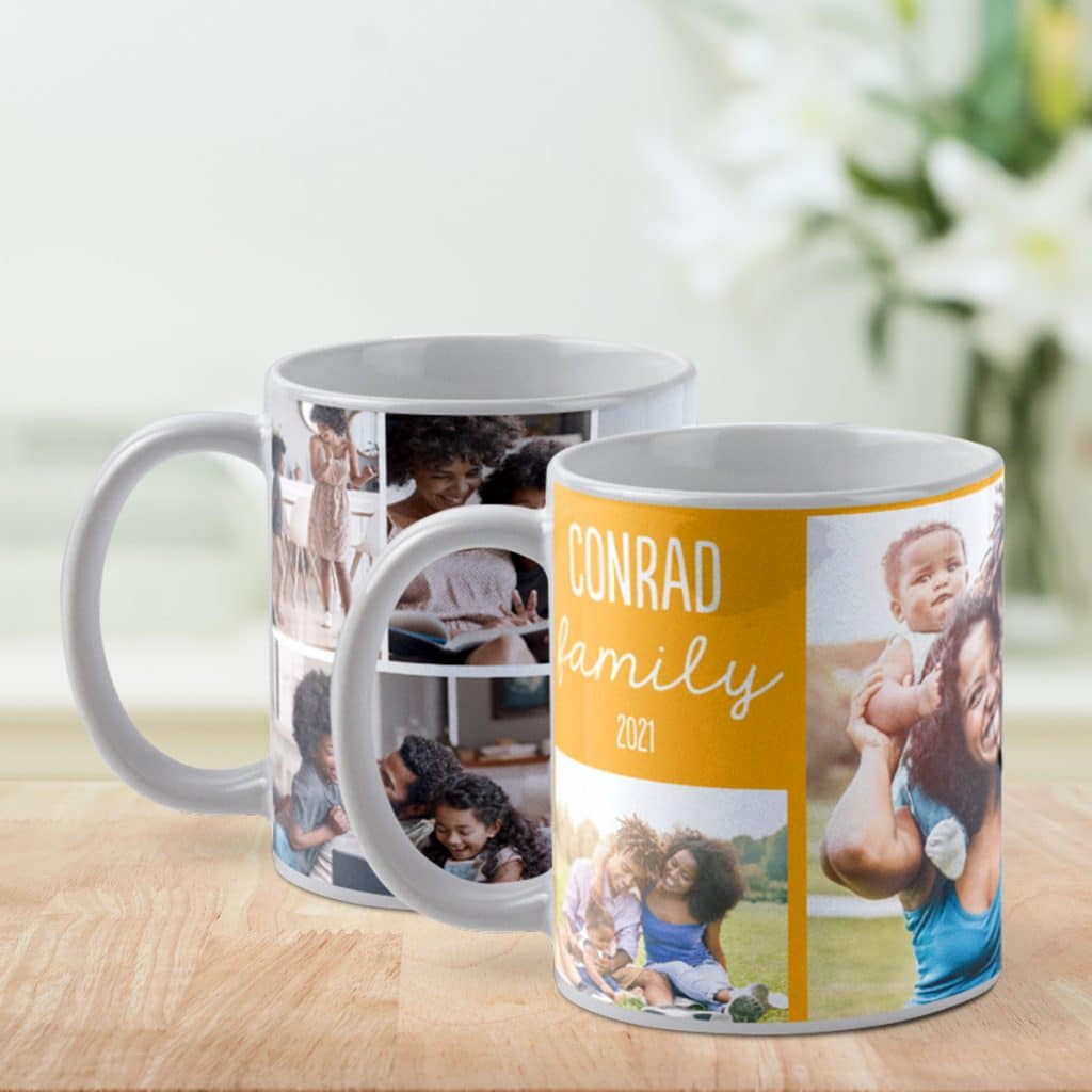 An image of two photo collage mugs sitting on a countertop
