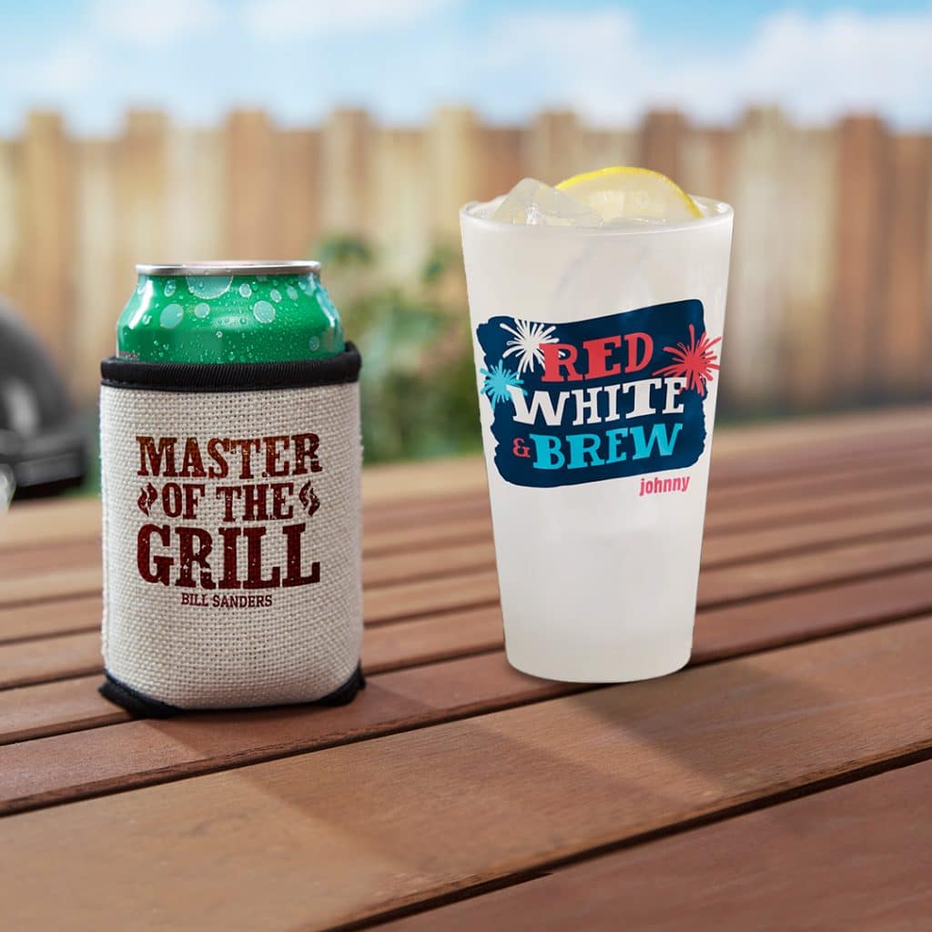 Image featuring 4th of July pint glass design and "Master of the Grill" can cooler