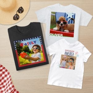 Flat lay image of 3 t-shirts for the family for Independence Day