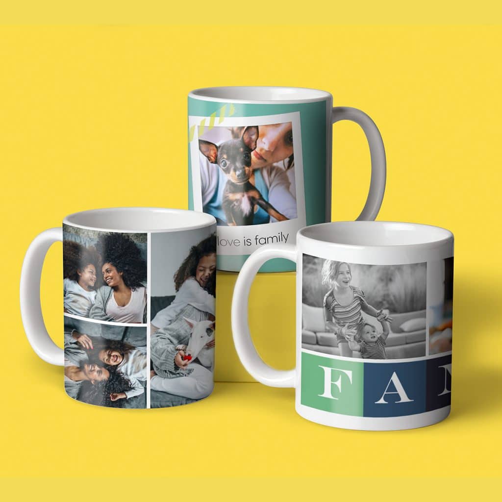 An image showcasing 3 custom photo mugs against a bright yellow background