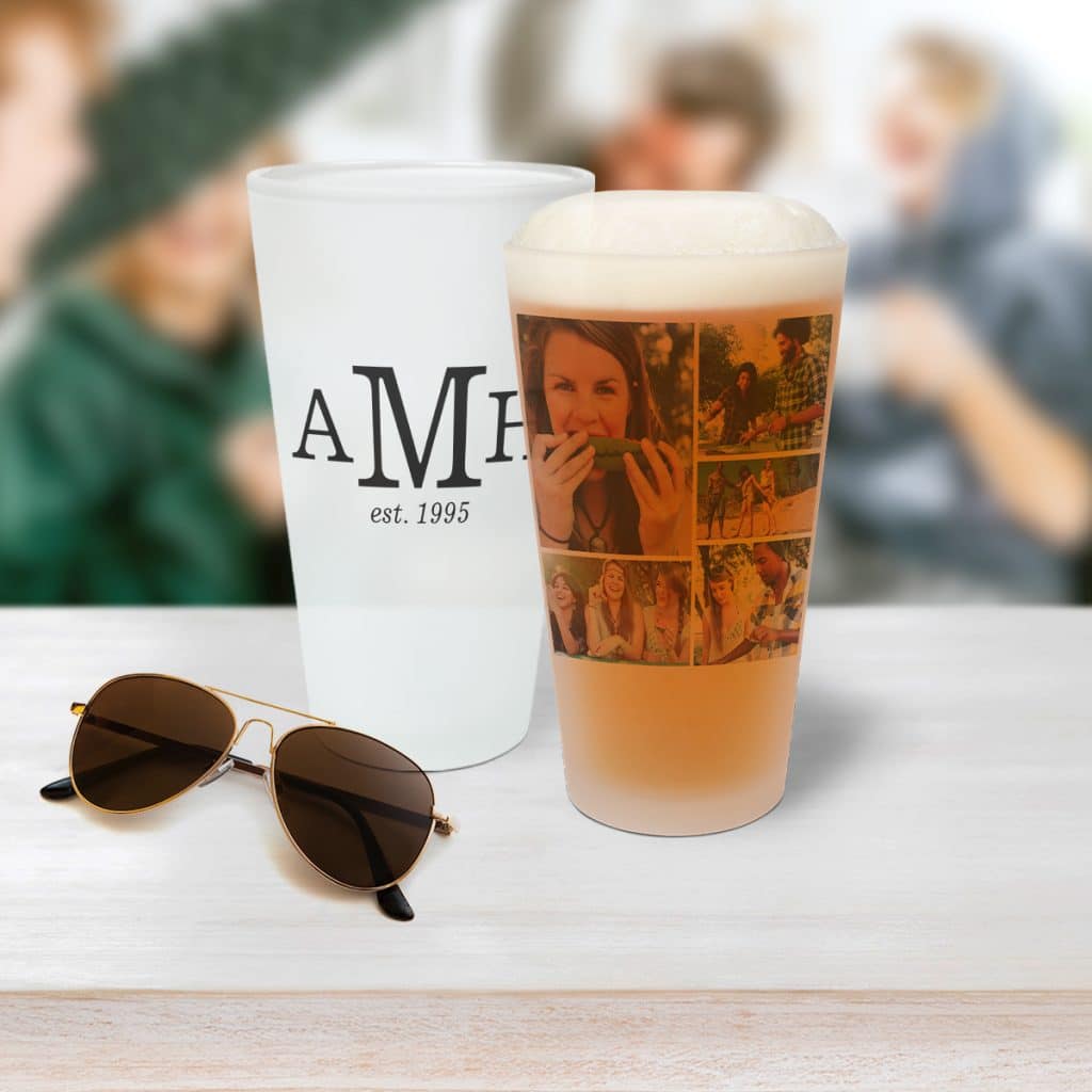 Image featuring two frosted pint glasses sitting on a table with a pair of aviator-style sunglasses
