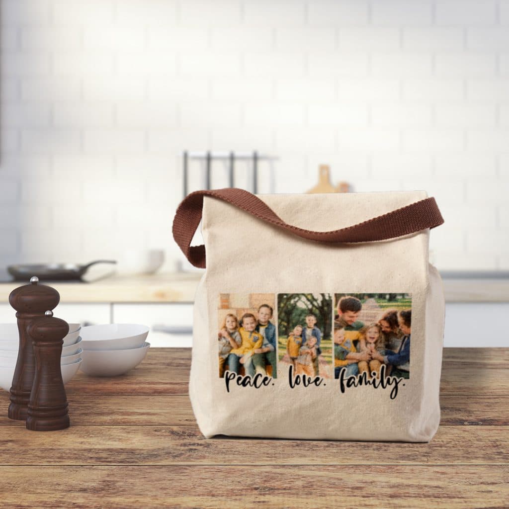 Image of a canvas cotton lunch bag with "Peace. Love. Family" design and sweet family photos.