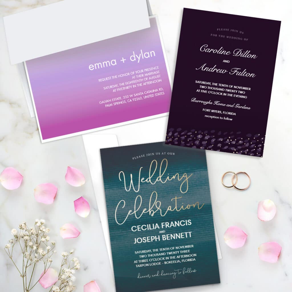 three elegant non photo wedding invites