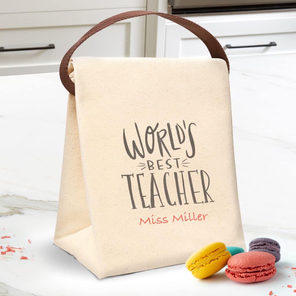 Create a cute custom lunch bag filled with yummy goodies for teacher
