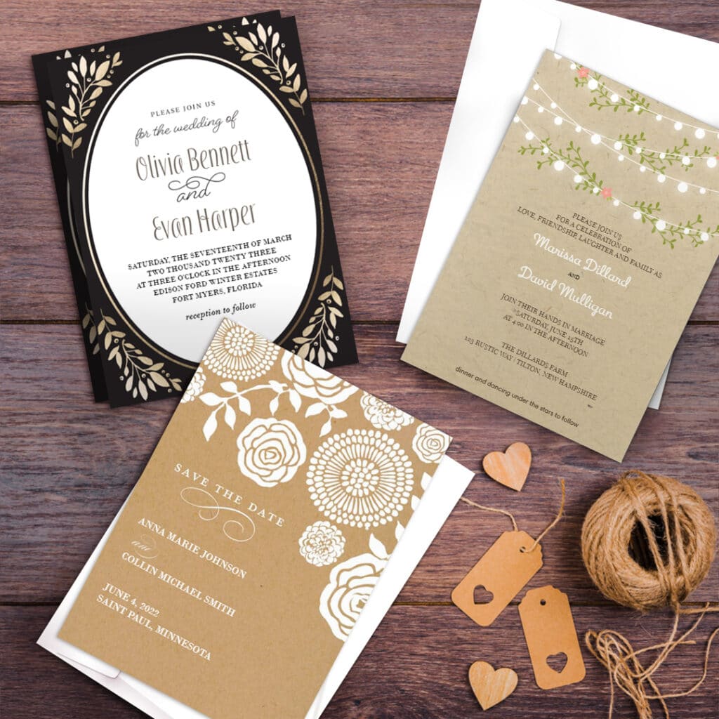 three rustic wedding invites